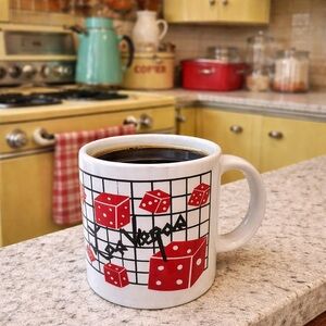VTG Las Vegas Sin City Mug 1980s Graphic Red Dice Black Grid Souvenir Coffee Cup